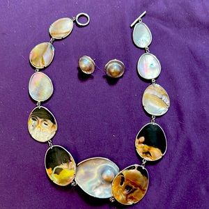 MOTHER OF PEARL W/Sterling Graduated Disc Necklace and Blister Pearl Earrings